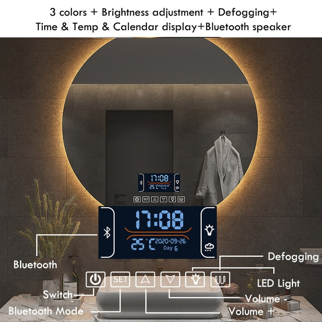 LED Adjustable Back Light With Bluetooth Speaker Round Mirror