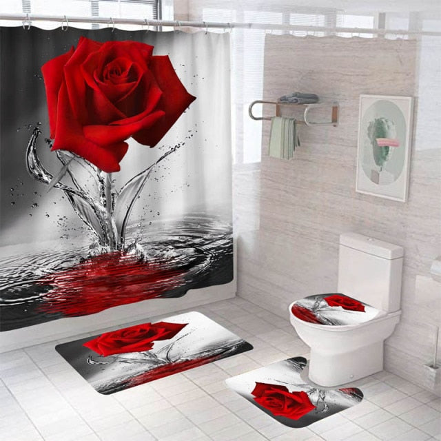 Non-Slip Rugs Rose Flower Shower Curtain