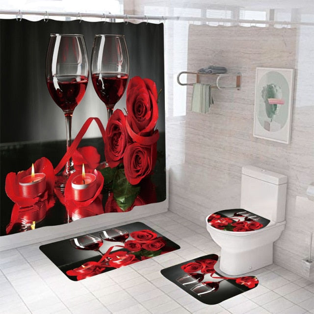 Non-Slip Rugs Rose Flower Shower Curtain