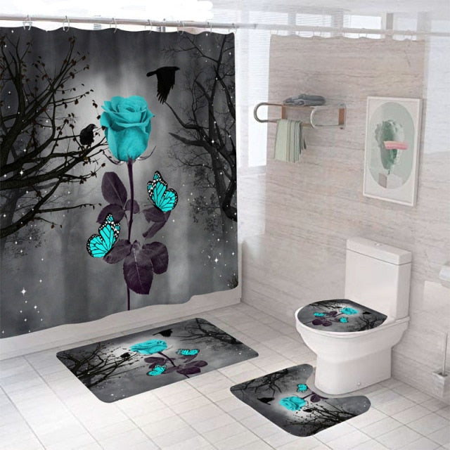 Non-Slip Rugs Rose Flower Shower Curtain