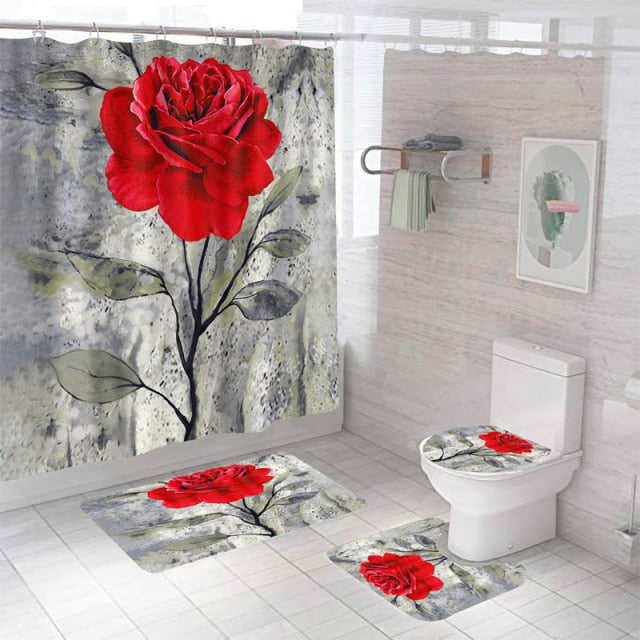 Non-Slip Rugs Rose Flower Shower Curtain