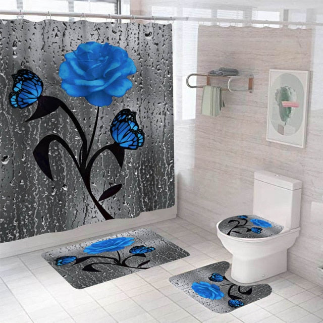 Non-Slip Rugs Rose Flower Shower Curtain