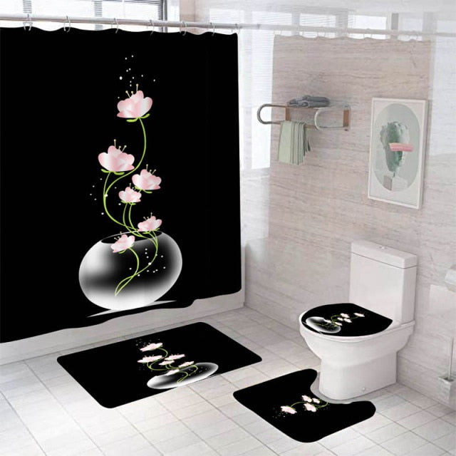 Non-Slip Rugs Rose Flower Shower Curtain