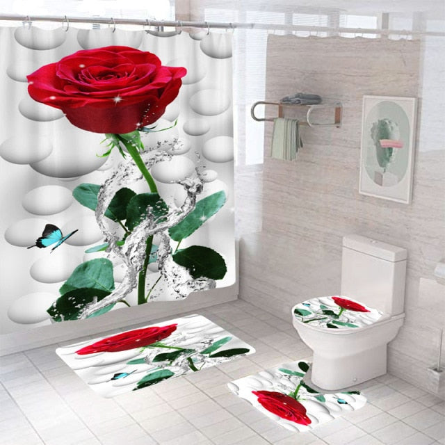 Non-Slip Rugs Rose Flower Shower Curtain