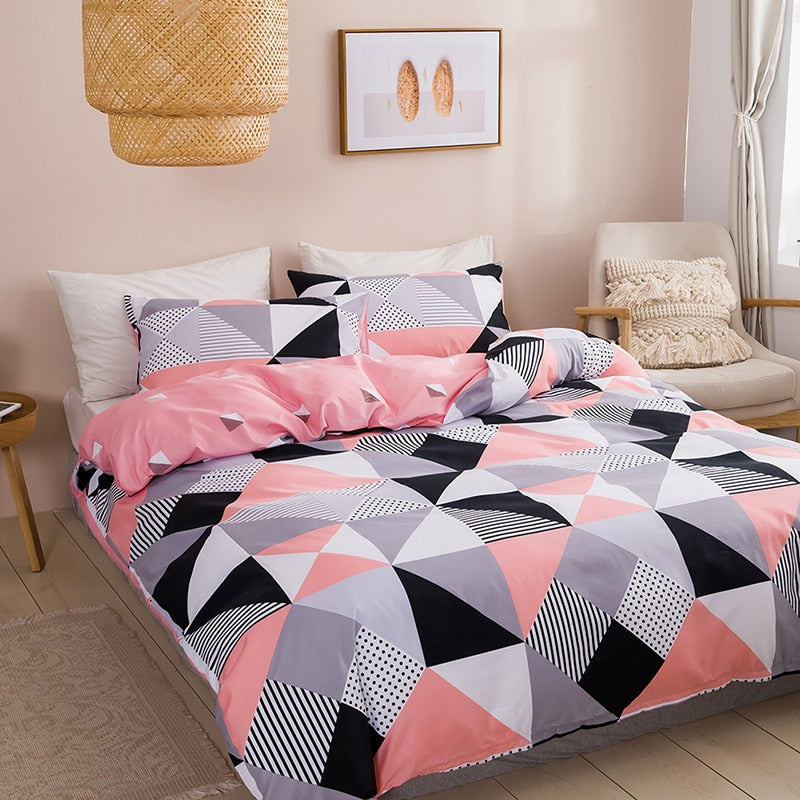 Modern Geometric Pattern Pink Soft Queen Duvet Cover Set