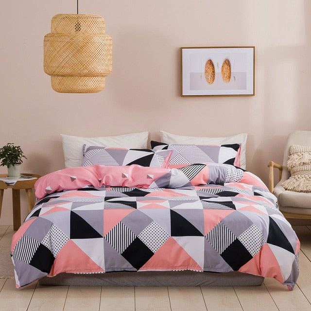Modern Geometric Pattern Pink Soft Queen Duvet Cover Set